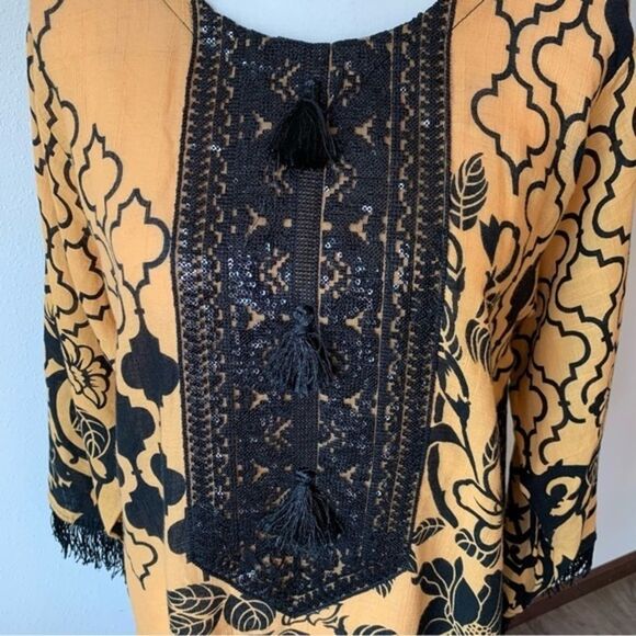 Women's Handmade Indian Kurta Sequined Tasseled Fringe Hem Golden Yellow Black - Picture 2 of 12